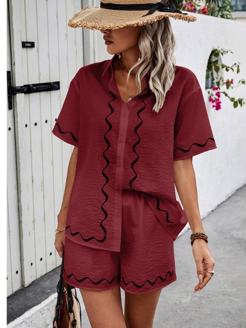 1142.  Burgundy Two-Piece Short Set with Black Trim
